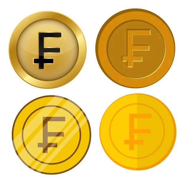 Cuatro Monedas Oro Estilo Diferente Con Franco Moneda Símbolo Vector — Vector de stock