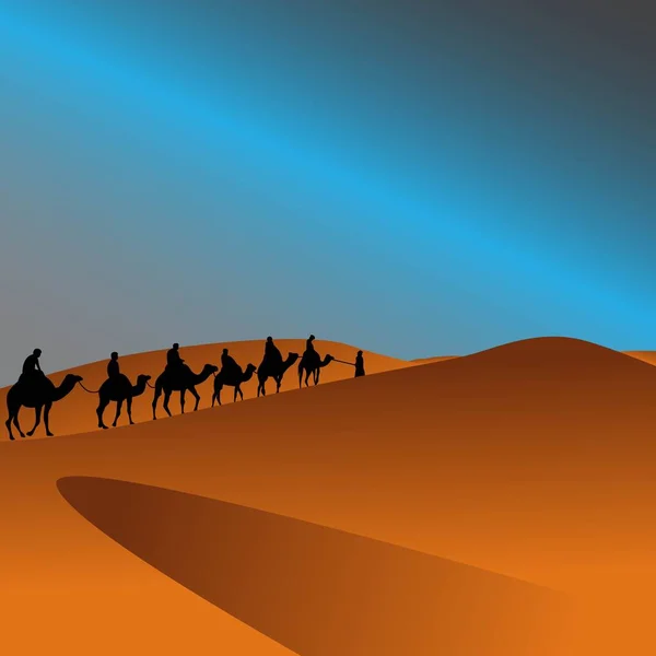 Caravana Camellos Árabes Desierto Ilustración Del Paisaje — Vector de stock