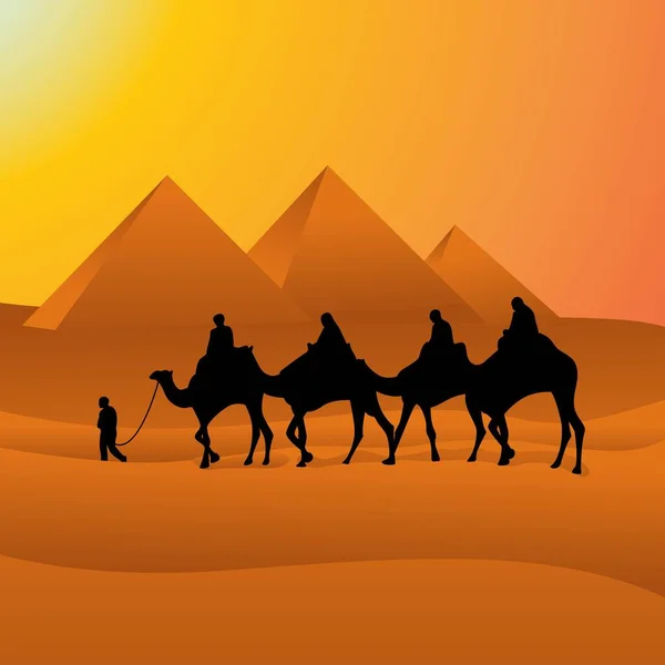 Camel Caravan Átkelés Egyiptom Piramis Sivatagi Arab Vektor Tájkép Illusztráció — Stock Vector