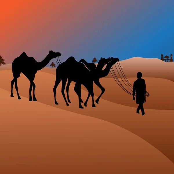 Uomo Arabo Viaggio Con Cammelli Attraverso Deserto Notte Illustrazione Vettoriale — Vettoriale Stock