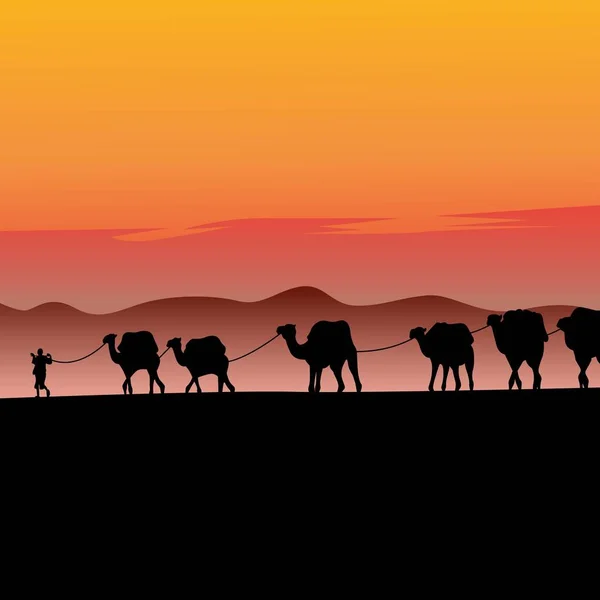 Camello Caravana Pasando Por Desierto Vector Ilustración — Archivo Imágenes Vectoriales