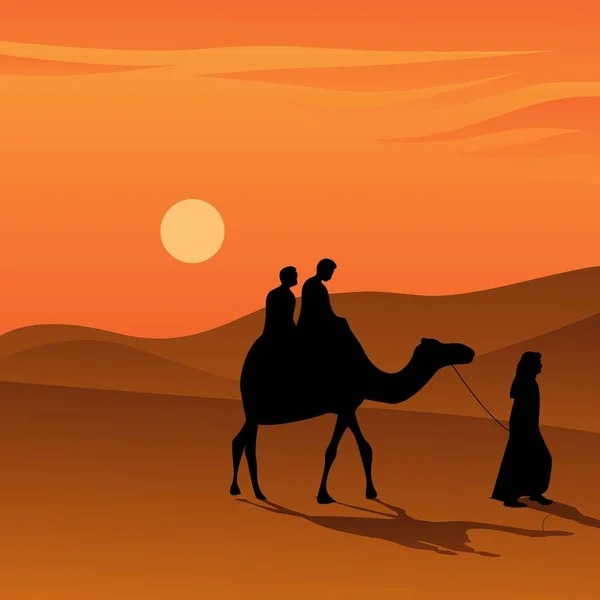 Ludzie Jazda Wielbłądzie Podczas Zachodu Słońca Pustyni Wektor Ilustracji — Wektor stockowy