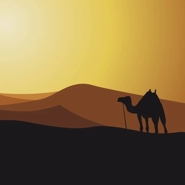 Силуэт Верблюдов Пустыне Природа Панорамные Песчаные Векторные Иллюстрации — стоковый вектор