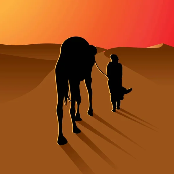 Silhouette Arabischer Mann Mit Kamel Auf Wunderschönem Sonnenuntergang Der Wüstenvektorillustration — Stockvektor