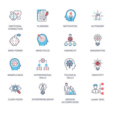 Bir Lider 'in nitelikleri ve becerileri kavramsal simgeler, tamamen düzenlenebilir - vektör