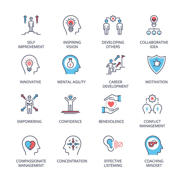 Qualities of A Leader and skills conceptual icons, fully editable - vector