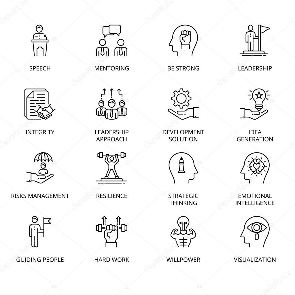 Qualities of A Leader and skills conceptual icons, fully editable - vector