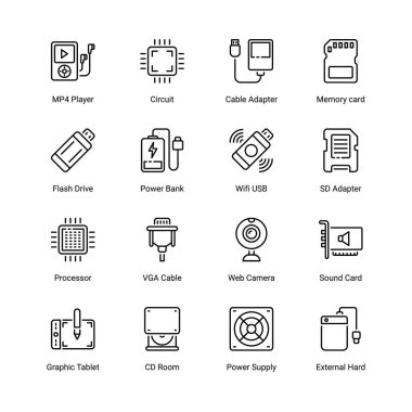  Bilgisayar ve Donanım ince çizgi simgeleri, düzenlenebilir vuruş