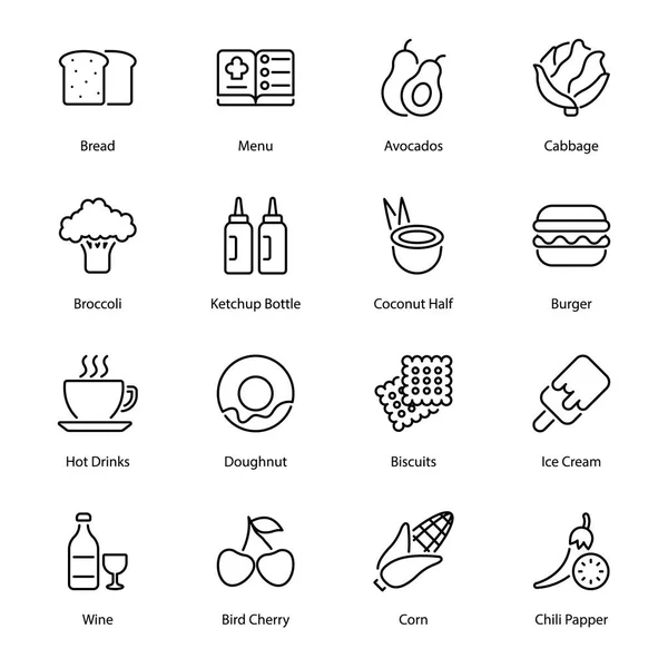 Comida Bebidas Esbozan Iconos Totalmente Editable Carrera — Vector de stock