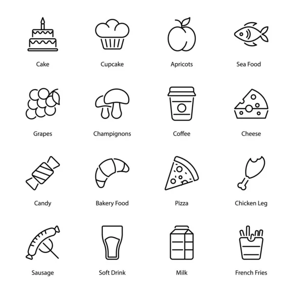 Comida Bebidas Esbozan Iconos Totalmente Editable Carrera — Vector de stock