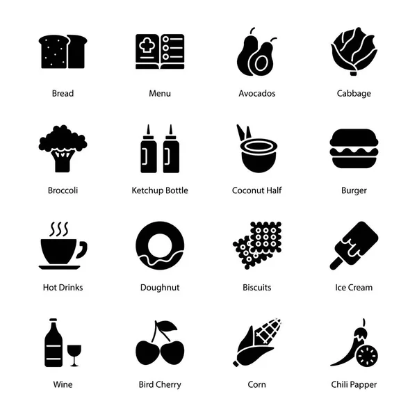 Alimentos Bebidas Iconos Glifos Totalmente Editable Sólido Vectores — Vector de stock