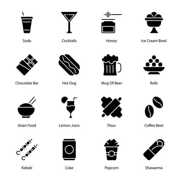 Alimentos Bebidas Iconos Glifos Totalmente Editable Sólido Vectores — Archivo Imágenes Vectoriales