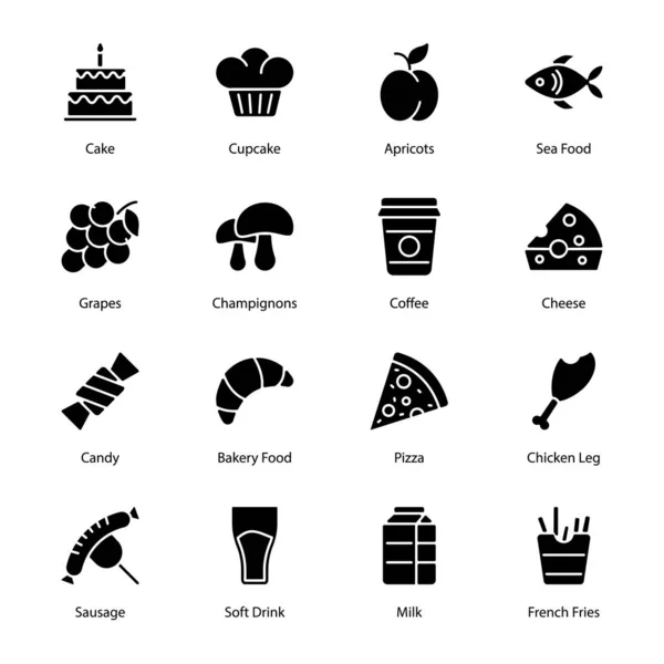 Alimentos Bebidas Glifos Iconos Sólidos Vectores — Vector de stock