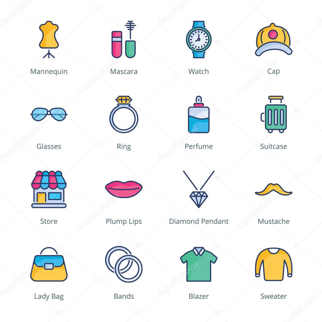 Clothes and Accessories Filled Line Icons - Vectors 