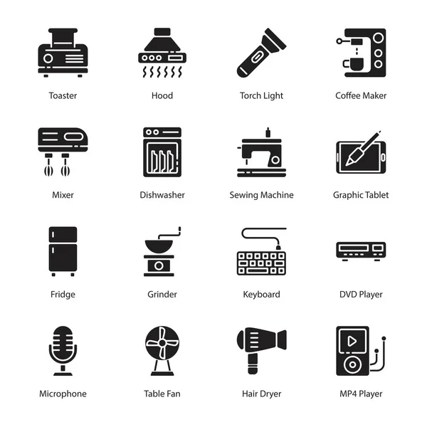 Eletrônica Eletrodomésticos Glifo Ícones Sólido Vetores —  Vetores de Stock