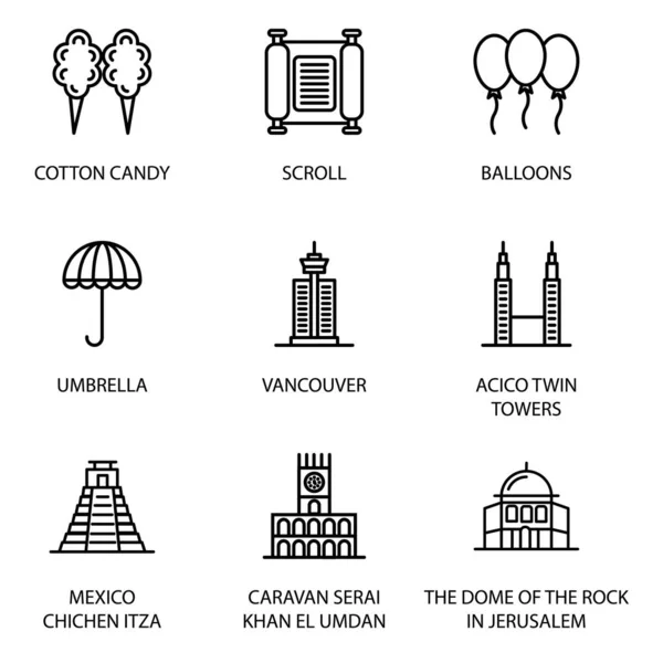 Travel Vacation Famous Landmarks Outline Icons — Stock Vector