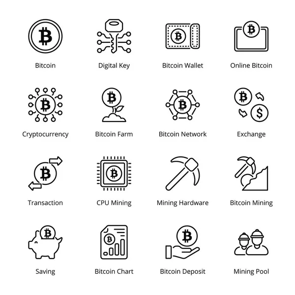 Bitcoin Mining Outline Icons Stroke Vector — Stock Vector