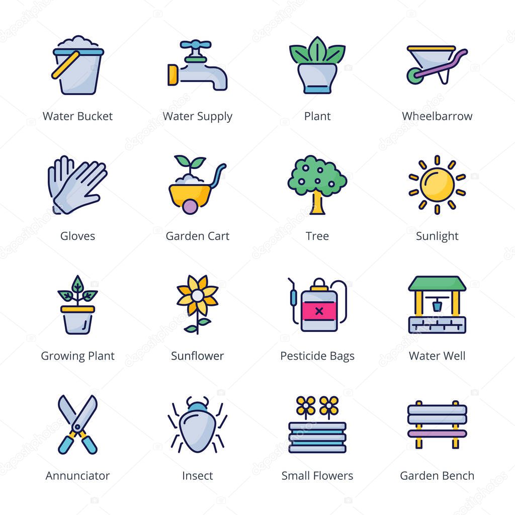 Gardening filled line Icons - stroke, vector