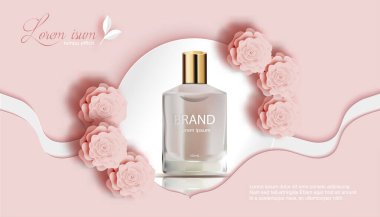 Gül ve beyaz şeftali arkaplanlı Parfüm Çiçek Kâğıt Kesim Sancak-Vektör İllüstrasyonlu 