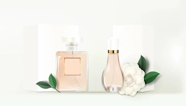 2bottles of perfume with white box and Gardenia or white flowers and leaf- Flower Paper Cut Banner-Vector Illustration