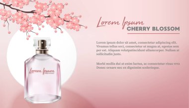 Sakura Ağacı ya da Pembe Kiraz Çiçeği Konsepti - İşgalci Parfüm Şişesi - Çiçek Kesen Kağıt Sancak-Vektör İllüstrasyonu