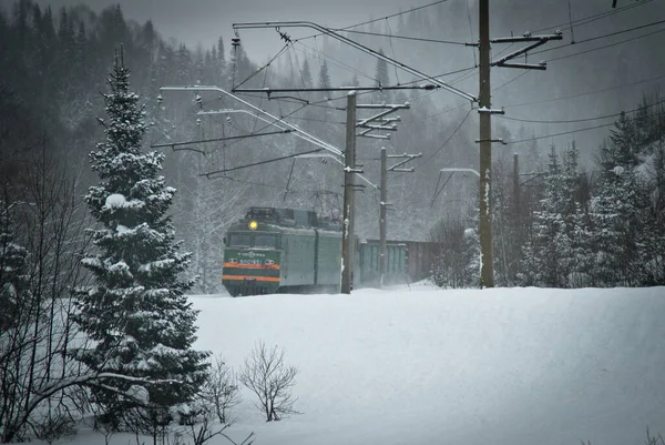 Comboio que se move através das florestas nevadas — Fotografia de Stock