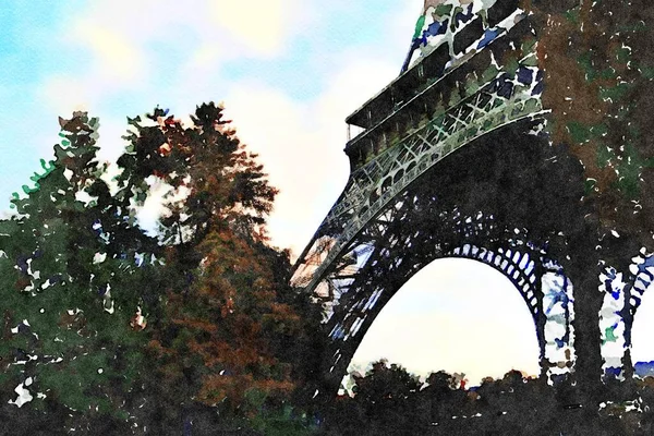 Aquarela das arcadas na base da Torre Eiffel — Fotografia de Stock