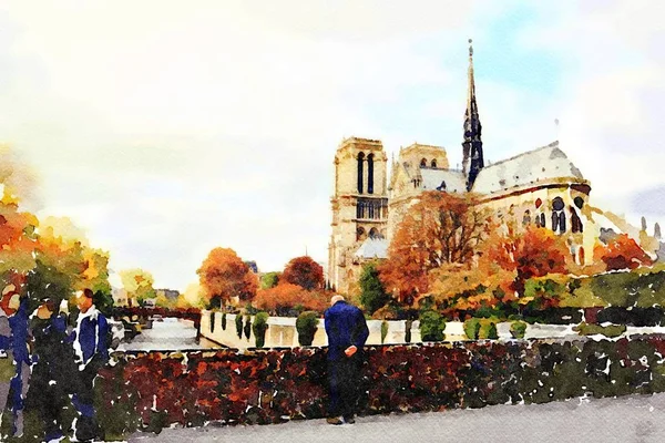Paris 'teki Notre Dame Kilisesi' nin suluboya resimleri.