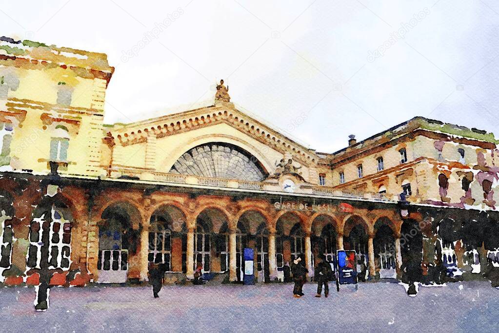 watercolor of the Gare de l'Est station in Paris