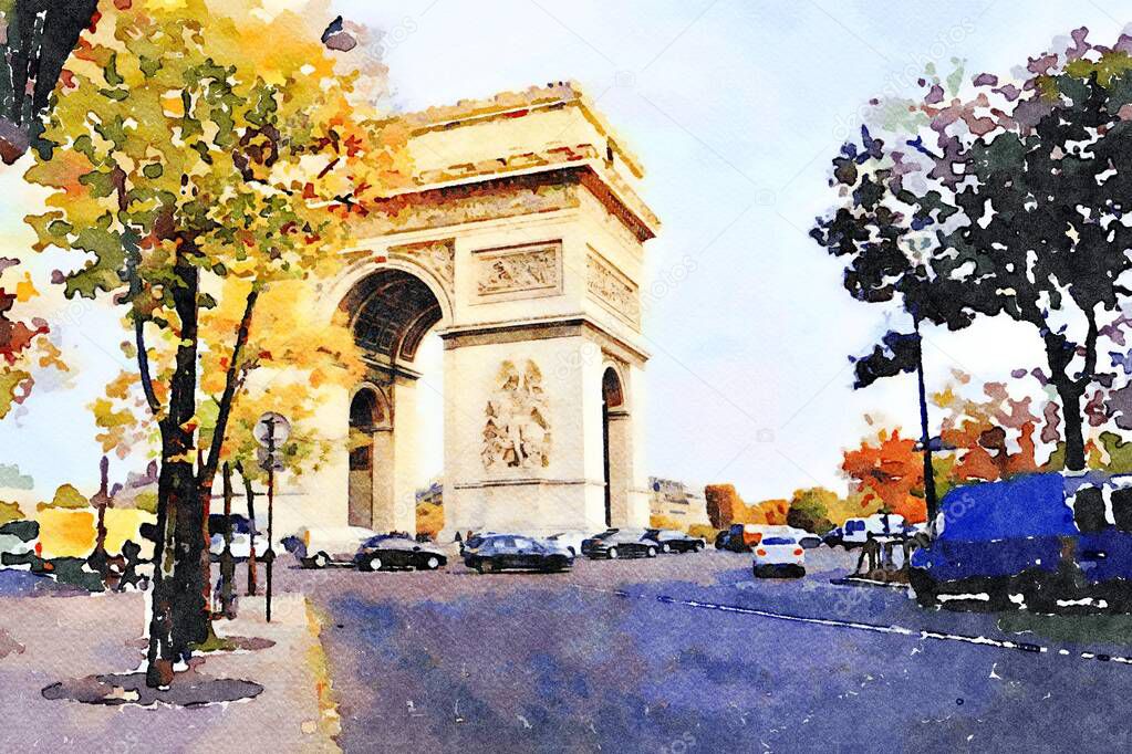 watercolor of the arc de triomphe in Paris