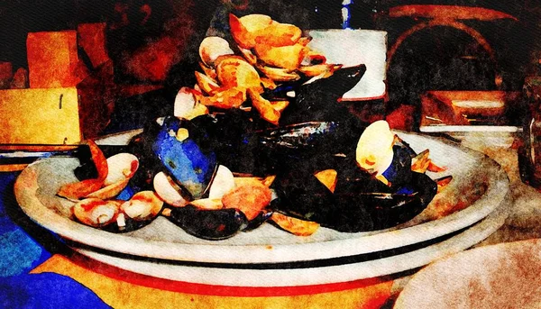 Ilustración de un plato de conchas y almejas de mejillón — Foto de Stock