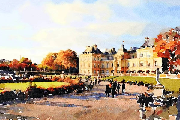 Il palazzo ai giardini della fontana nel centro di Parigi in autunno — Foto Stock