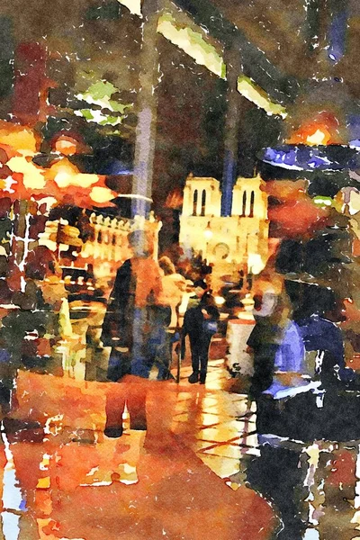 夜遅くに窓からパリとノートルダム大聖堂を背景に — ストック写真