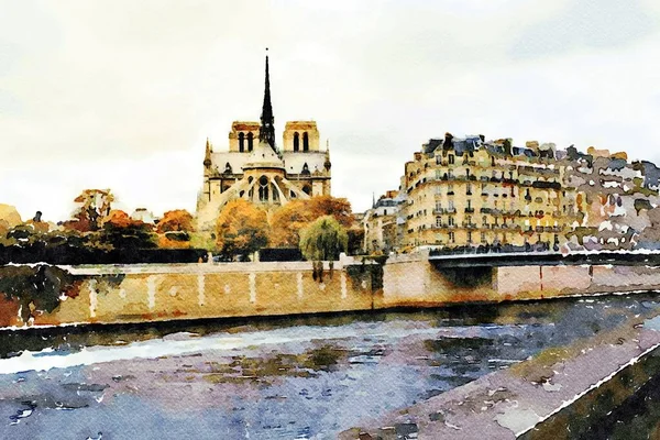 Notre-Dame-Kathedrale im Herbst von den Seine-Brücken in Paris aus gesehen — Stockfoto