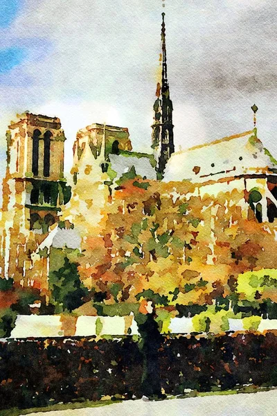 Notre Dame Katedrali Paris 'te Seine nehri üzerindeki köprülerden görüldü.
