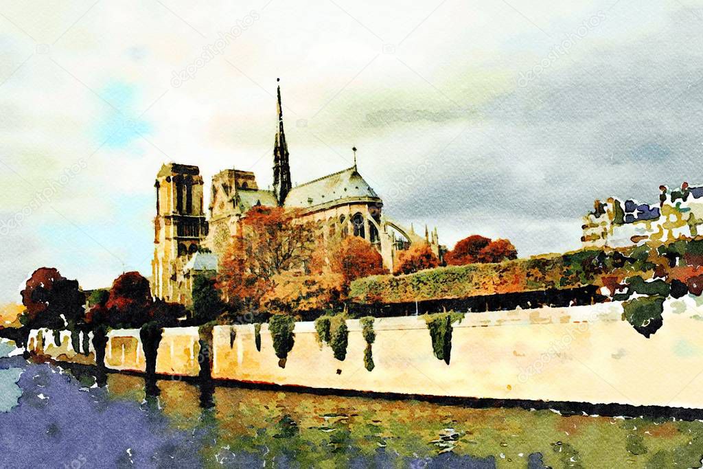 Notre Dame cathedral seen from the bridges over the Seine in Paris in autumn