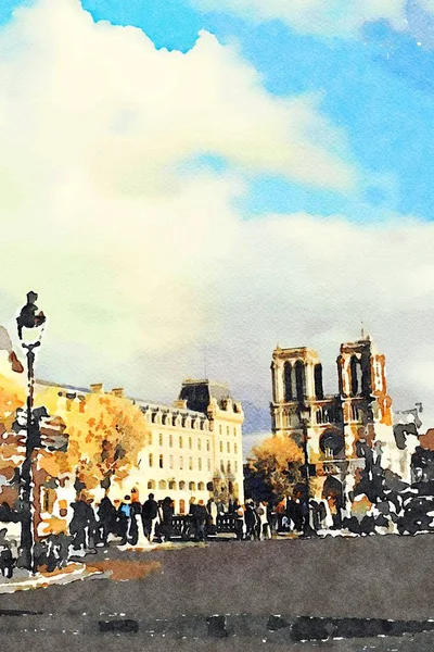 Sonbaharda Paris meydanlarından birinden Notre Dame katedralinin manzarası.