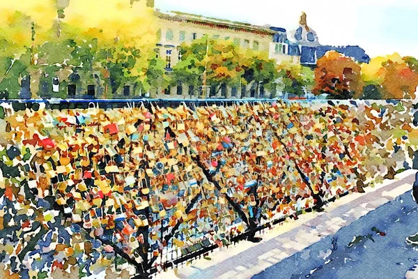 Los famosos candados en uno de los puentes sobre el Sena en París en otoño —  Fotos de Stock