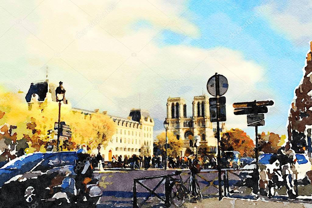 the view of the cathedral of Notre Dame from one of the squares of Paris in the autumn
