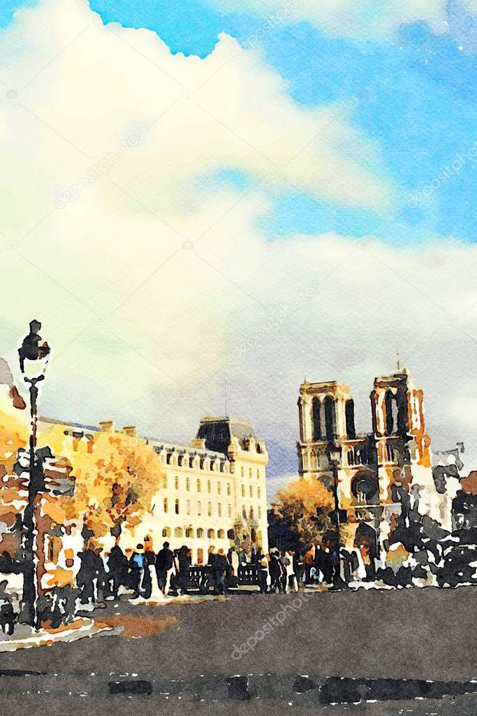 the view of the cathedral of Notre Dame from one of the squares of Paris in the autumn