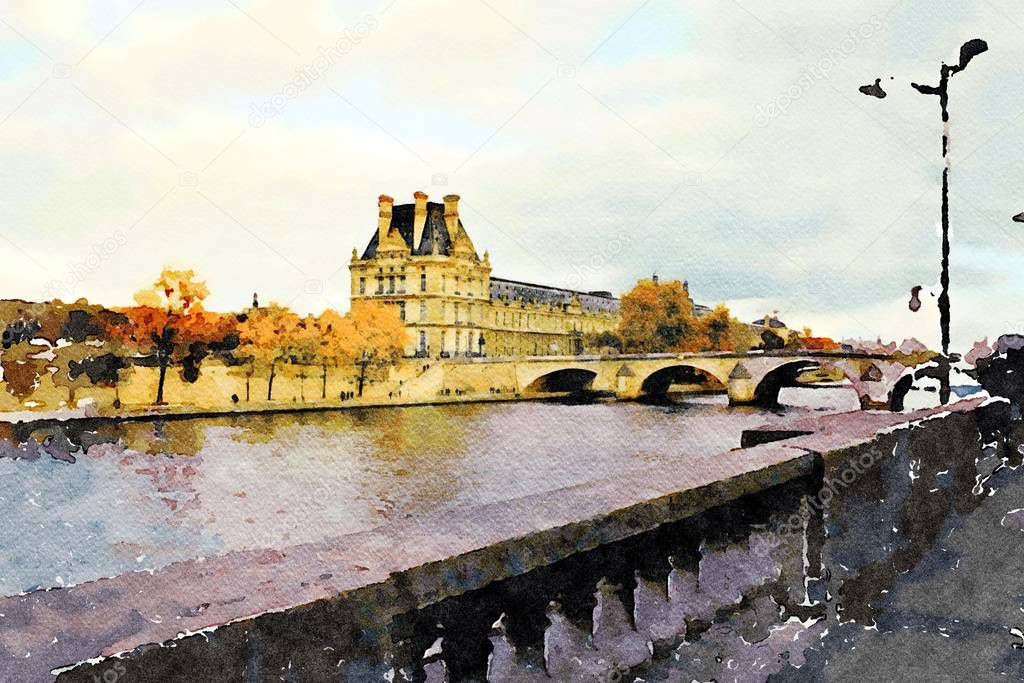 the view of a historic palace and one of the bridges over the Seine in Paris in the autumn