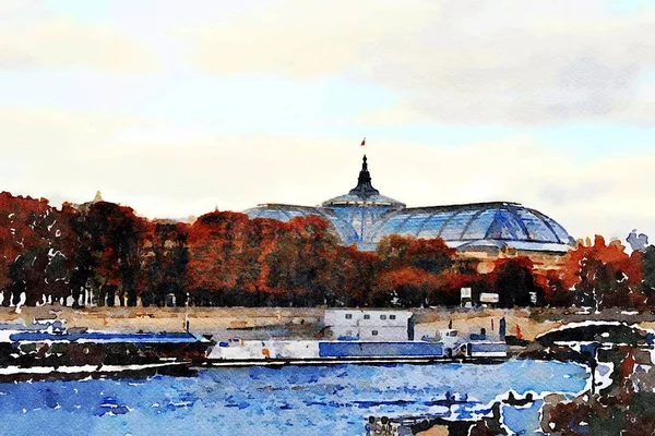 the view from the Seine of one of the historic buildings to the gardens of Paris in the autumn