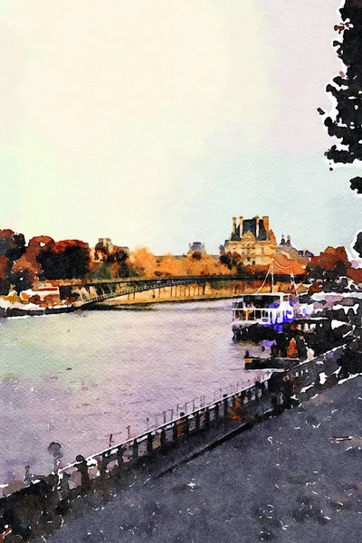秋天的巴黎，一座历史性的宫殿和塞纳河上的一座桥 — 图库照片