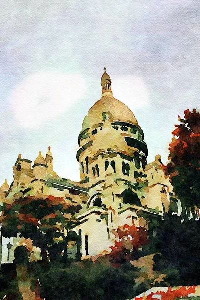 Egy pillantás a Sacre Coeur templomra Párizs Montmartre kerületében ősszel — Stock Fotó