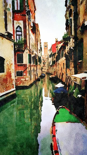 Un vistazo de los pequeños canales con barcos entre los edificios históricos en el centro de Venecia — Foto de Stock