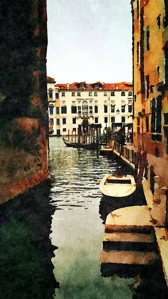 ヴェネツィアの中心部の歴史的建造物の間にボートで小さな運河を垣間見る — ストック写真