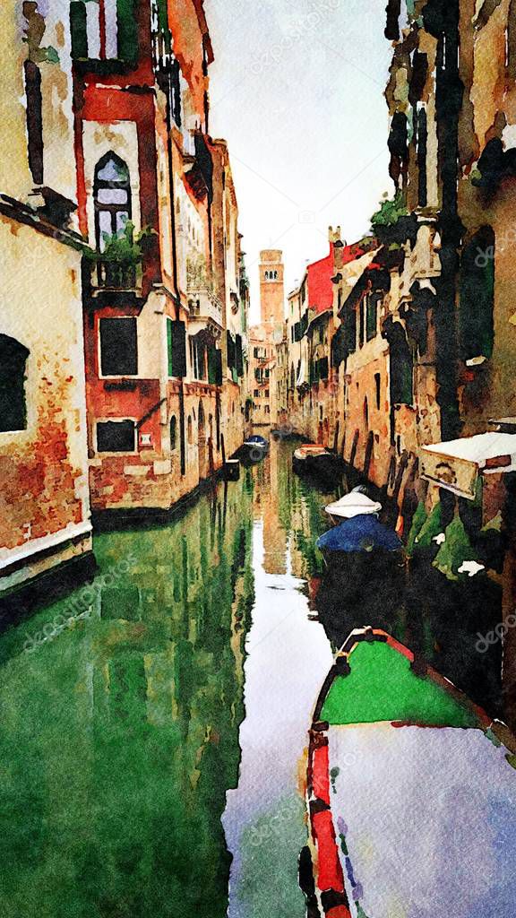 a glimpse of the small canals with boats between the historic buildings in the center of Venice