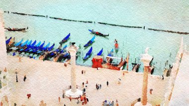 Venedik 'teki San Marco' nun gondollarının ve sütunlarının manzarası