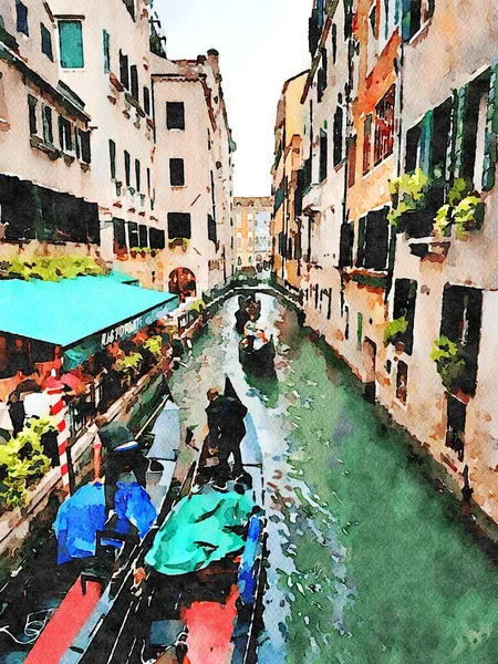 Gondelaars in activiteit tussen de historische gebouwen van Venetië — Stockfoto