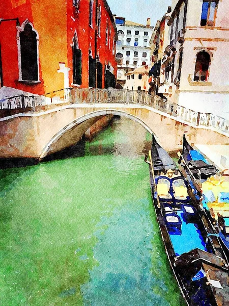 Gondolas parked in one of the small canals in the historic center of Venice — Stock Photo, Image
